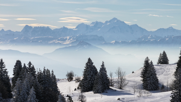 Aerial view of snow dusted evergreens stand in stark contrast to the distant mist shrouded mountain range Gex Auvergne Rhône Alpes France. Aerial view of snow dusted evergreens stand in stark contrast to the distant mist shrouded mountain range Gex Auvergne Rhône Alpes France.