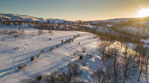 Aerial view of a dog sledding team traveling through a vast snow covered landscape in Kirkenes Finnmark Norway. Aerial view of a dog sledding team traveling through a vast snow covered landscape in Kirkenes Finnmark Norway.