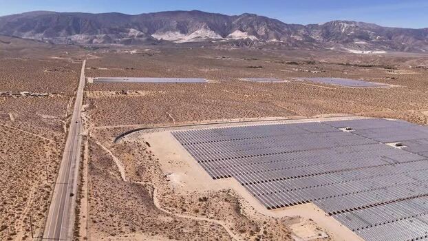 Aerial view of solar panels in the desert of Lucerne Valley United States.