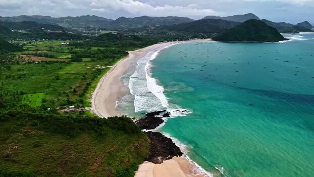 Aerial view of tropical beach coastline in Bali Indonesia.