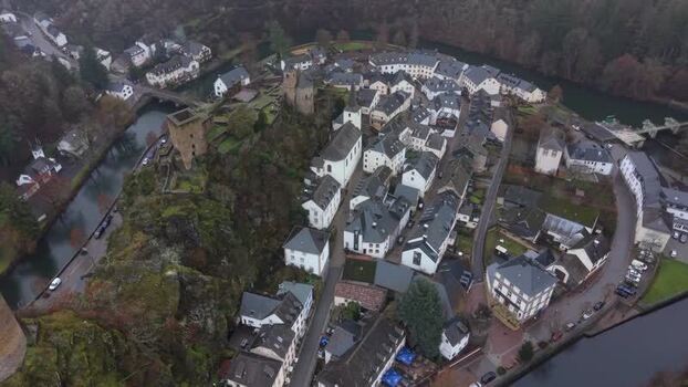 Aerial view of Esch sur Sure castle and village Luxembourg.