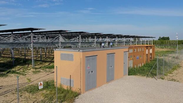 Aerial view of solar power station in Faenza Italy.