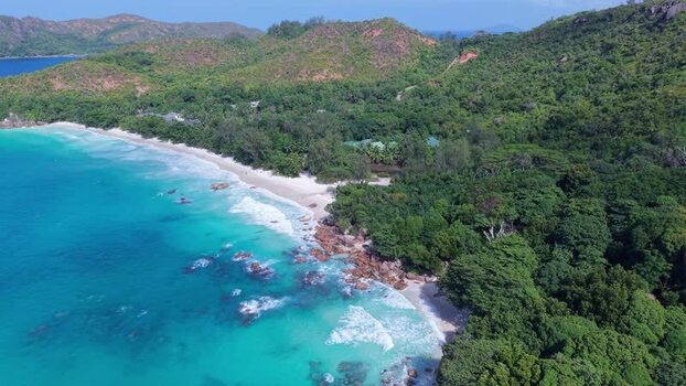 Aerial view of Anse Lazio beach in Seychelles.