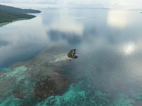 Aerial view of a small islet with dark rocks and sparse greenery amidst the turquoise and deep blue waters Camar Rock Island Jepara Regency Indonesia.