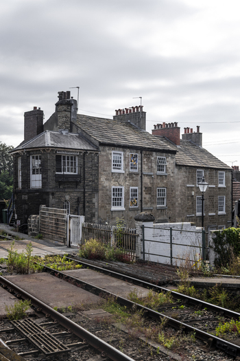 Knaresborough United Kingdom 14 July 2026 View of historic stone buildings and railway station in Knaresborough featuring traditional architecture and slate roofs.