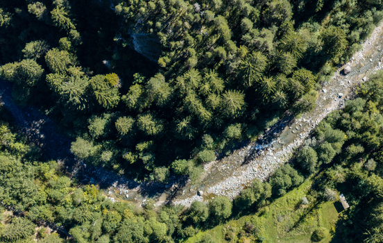 Aerial view of the Landwasser river flowing through a dense coniferous forest with rocky riverbanks and sunlight in Bergun Filisur Grisons Switzerland. Aerial view of the Landwasser river flowing through a dense coniferous forest with rocky riverbanks and sunlight in Bergun Filisur Grisons Switzerland.