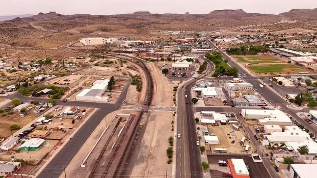 Aerial view of railway tracks and town in Kingman United States.