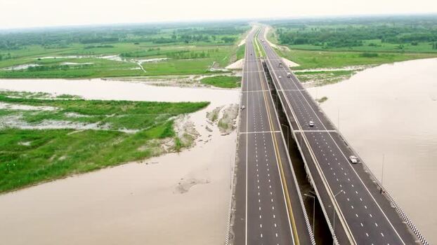 Aerial view of Ganga Expressway bridge in India.