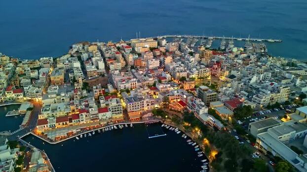 Aerial view of Agios Nikolaos harbor and town Greece.