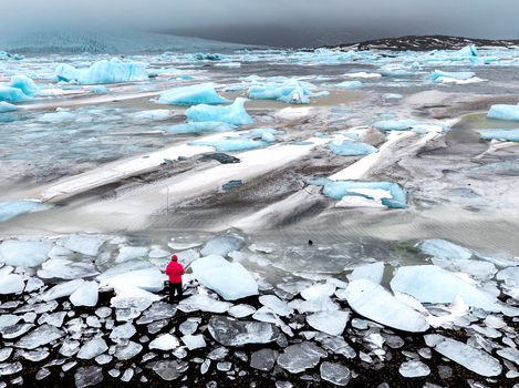 Aerial view of a solitary figure in a red jacket standing amidst the icy expanse of J&ouml;kuls&aacute;rl&oacute;n glacial lagoon where turquoise icebergs drift serenely &Ouml;r&aelig;fi Sveitarf&eacute;lagi&eth; Hornafj&ouml;r&eth;ur Iceland.