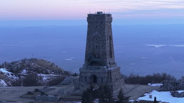 Aerial view of Shipka Monument on a mountain peak Bulgaria.