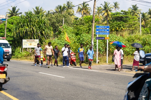 Sri Lanka 31 January 2026 View of people walking along Walawwatta Road carrying a national flag past tropical palm trees and an ambulance.