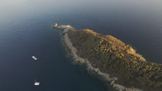 Aerial View of Fetovaia Bay at sunset Seccheto Elba Island Tuscany Italy.