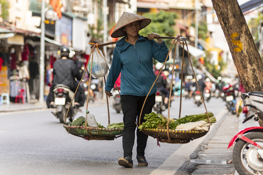 Hanoi Ha Noi Vietnam 11 November 2025 View of a street vendor in a conical hat carrying fresh vegetables in baskets on a shoulder pole while walking along a busy street.