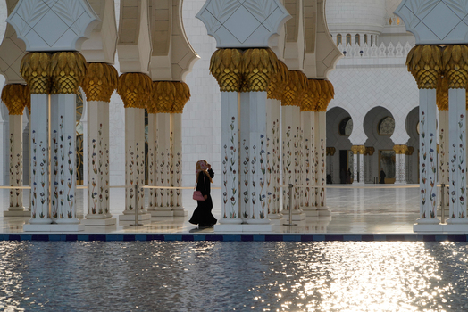 View of the ornate white marble columns with gold leaf capitals and intricate floral designs at the Sheikh Zayed Grand Mosque in Abu Dhabi Abu Dhabi United Arab Emirates. View of the ornate white marble columns with gold leaf capitals and intricate floral designs at the Sheikh Zayed Grand Mosque in Abu Dhabi Abu Dhabi United Arab Emirates.