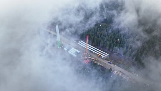 Aerial view of wind turbine construction in Pack Austria.