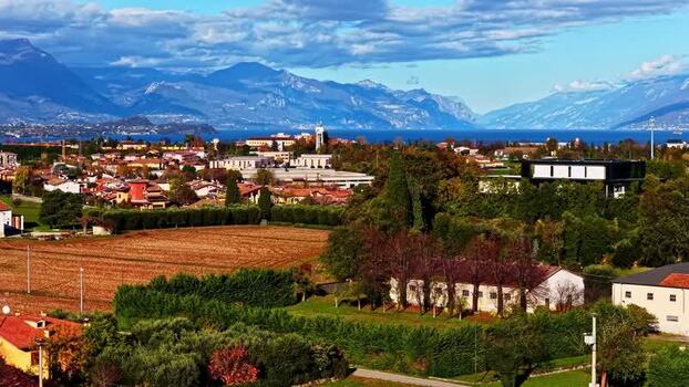 Aerial view of Italian landscape near Lake Garda Italy.