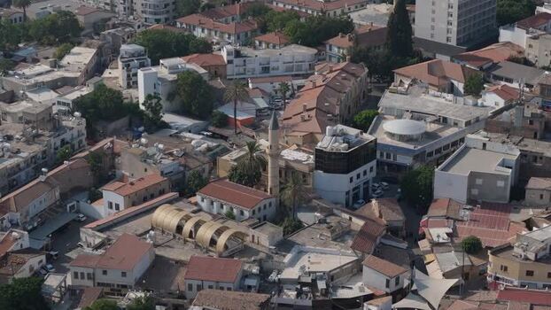 Aerial view of Nicosia city rooftops and mosque Cyprus.