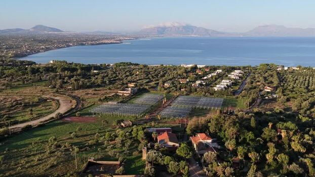 Aerial view of solar farm in Terrasini Italy.
