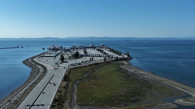 Aerial view of BC Ferries Tsawwassen terminal Canada.