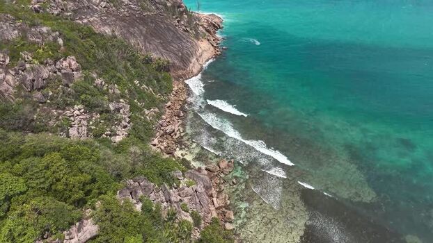 Aerial view of the rocky coastline of Praslin Seychelles.