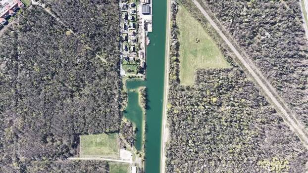 Aerial view of canal and forest France.