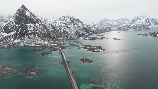 Aerial view of Flakstadbruene Norway.