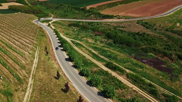 Aerial view of vineyard road in Mala Remeta Serbia.
