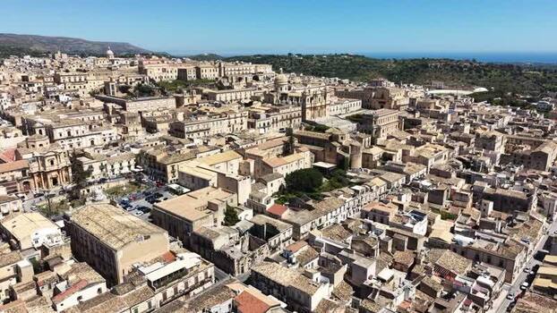 Aerial view of Noto Cathedral and historic Baroque rooftops Italy. Aerial view of Noto Cathedral and historic Baroque rooftops Italy.