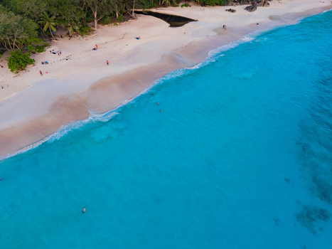 Aerial view of the beach with turquoise waters meeting the white sand under the shade of green trees Quatre Bornes Mahe Island Seychelles. Aerial view of the beach with turquoise waters meeting the white sand under the shade of green trees Quatre Bornes Mahe Island Seychelles.