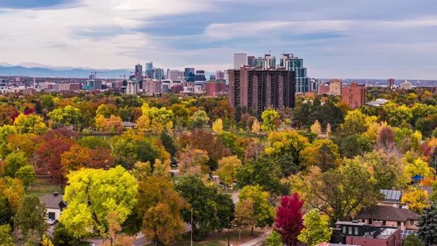 Aerial view of Denver skyline and autumn park United States.