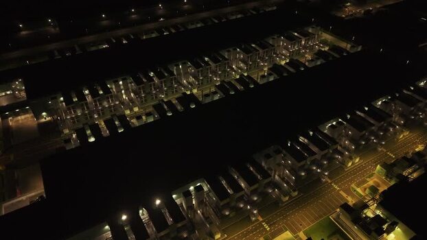 Aerial view of illuminated data center facility Netherlands.