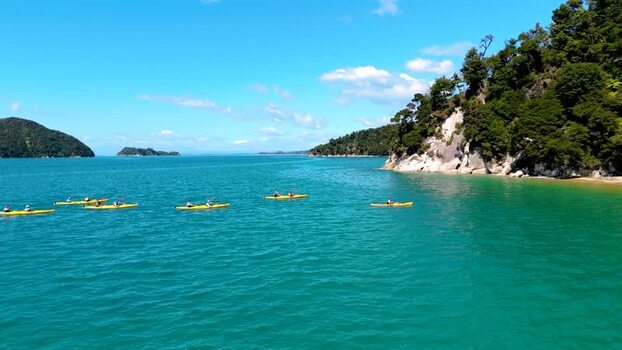 Aerial view of kayaks in Abel Tasman New Zealand. Aerial view of kayaks in Abel Tasman New Zealand.