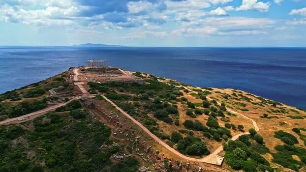 Aerial view of Temple of Poseidon at Cape Sounion Greece.