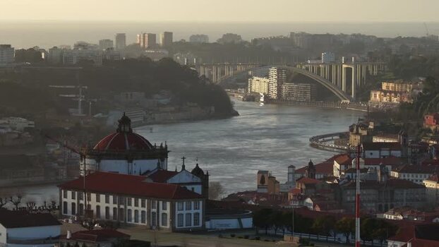 Aerial view of Pilar monastery buildings and Arrabida bridge Portugal.