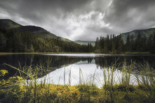 View of a calm mountain lake reflecting a dense evergreen forest under a dramatic cloudy sky in the Tatra Mountains Poland.