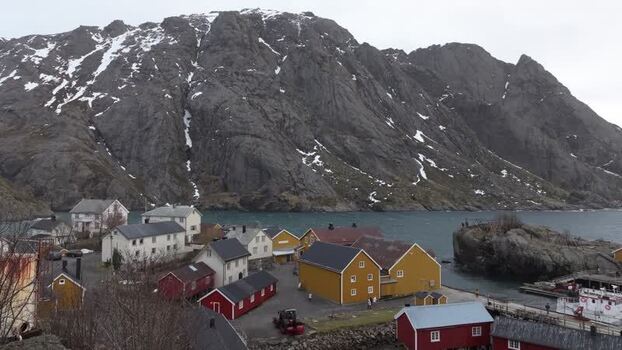 Aerial view of Lofoten village with colorful houses Norway.