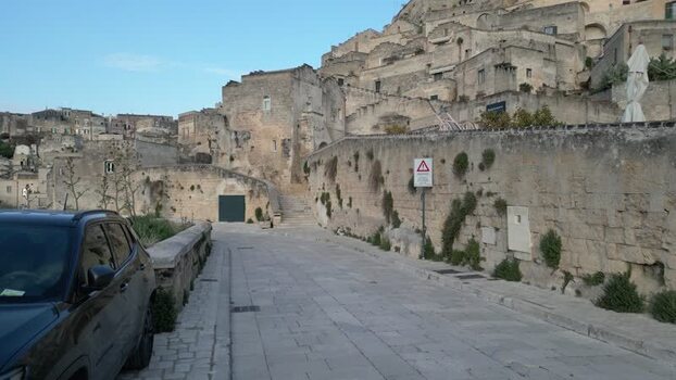 Aerial view of the historic Sassi di Matera stone dwellings in Italy.