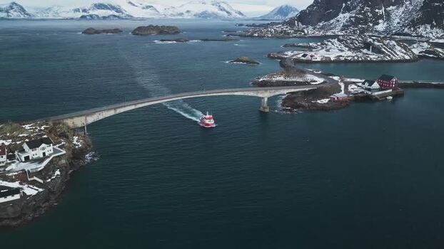 Aerial view of bridge and boat in Henningsv&aelig;r Norway.