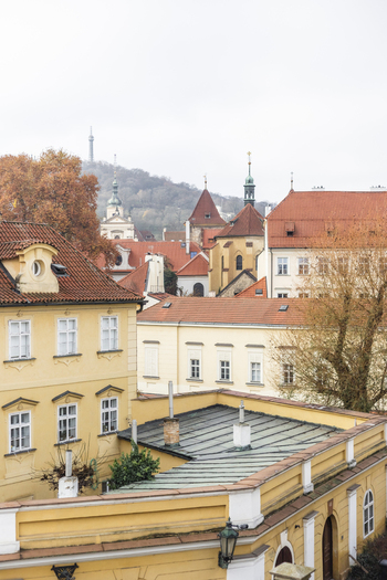 View of historic buildings with red tiled rooftops and the Petrin Lookout Tower on the hill under an overcast sky in Prague Prague Czechia. View of historic buildings with red tiled rooftops and the Petrin Lookout Tower on the hill under an overcast sky in Prague Prague Czechia.