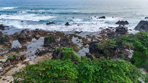 Aerial view of a rocky beach with tide pools lush green vegetation and ocean waves crashing against the shore in Indonesia.