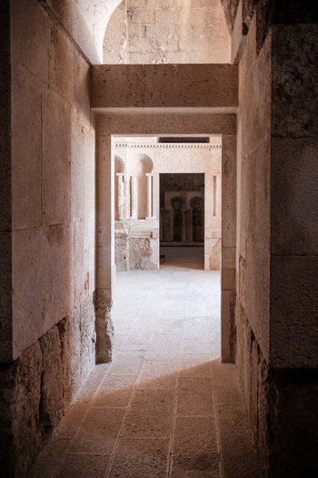 View of the ancient stone archways and corridors of the Umayyad Palace in Amman Amman Governorate Jordan.
