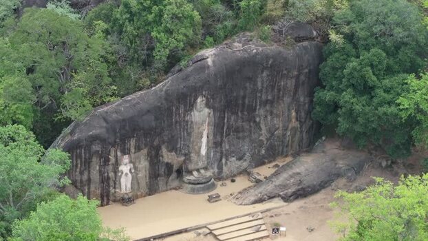 Aerial view of Buduruvagala rock carvings in Sri Lanka.