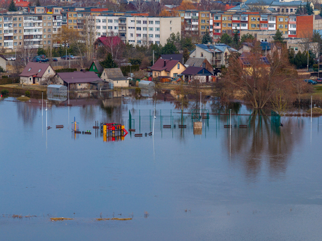 Kedainiai Lithuania 17 March 2026 Aerial view of a flooded playground and residential houses during spring floods in the town. Kedainiai Lithuania 17 March 2026 Aerial view of a flooded playground and residential houses during spring floods in the town.