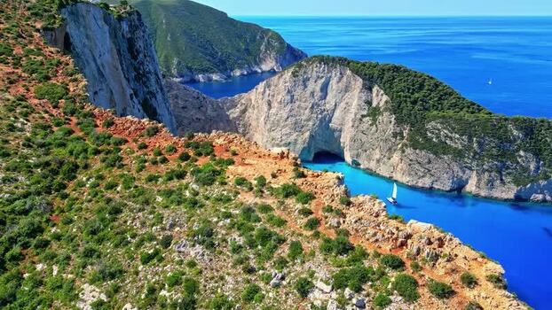 Aerial view of Navagio Beach Greece.