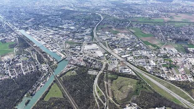 Aerial view of canal and highway intersection France.