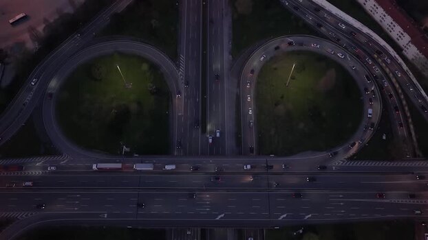 Aerial view of roads with cars at night Portugal.