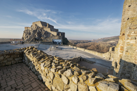 View of Devin Castle ruins on a rocky cliff with stone walls and a clear blue sky Bratislava IV Bratislava Region Slovakia. View of Devin Castle ruins on a rocky cliff with stone walls and a clear blue sky Bratislava IV Bratislava Region Slovakia.
