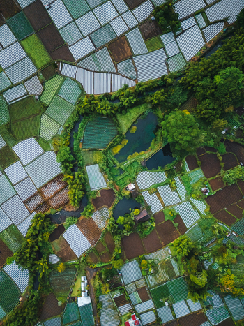 Aerial view of the agricultural basin with terraced fields greenhouses and small ponds nestled at the foothills of Mount Rinjani in Sembalun West Nusa Tenggara Indonesia. Aerial view of the agricultural basin with terraced fields greenhouses and small ponds nestled at the foothills of Mount Rinjani in Sembalun West Nusa Tenggara Indonesia.
