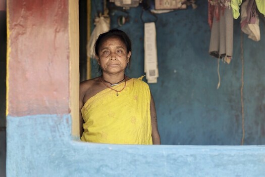 Odisha India 26 March 2026 View of a woman in a bright yellow sari stands framed by the vibrant blue and red walls of her home a testament to resilience. Odisha India 26 March 2026 View of a woman in a bright yellow sari stands framed by the vibrant blue and red walls of her home a testament to resilience.